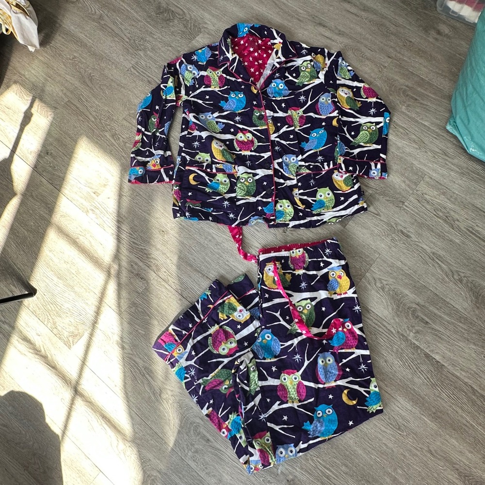 Nick & Nora Womens Pajama Set Owl Print Long Sleeve Button Up Pants XXL